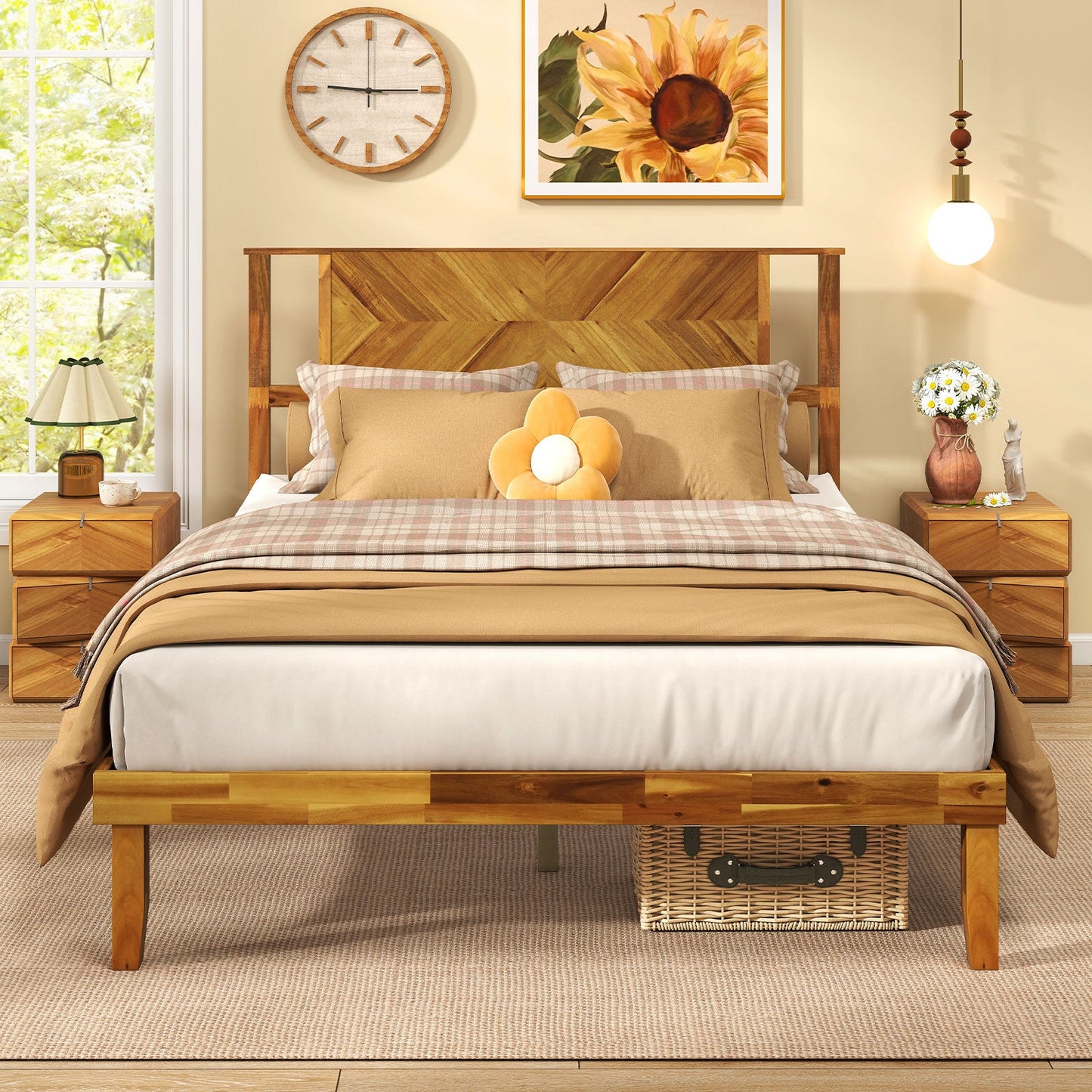 Twin/Full/Queen Size Bed Frame Mid-Century Acacia Wood Platform Bed with Headboard