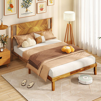 Twin/Full/Queen Size Bed Frame Mid-Century Acacia Wood Platform Bed with Headboard