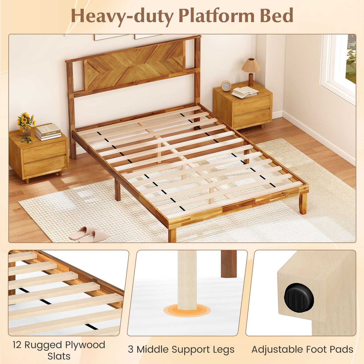Twin/Full/Queen Size Bed Frame Mid-Century Acacia Wood Platform Bed with Headboard
