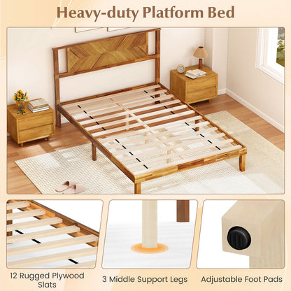 Twin/Full/Queen Size Bed Frame Mid-Century Acacia Wood Platform Bed with Headboard