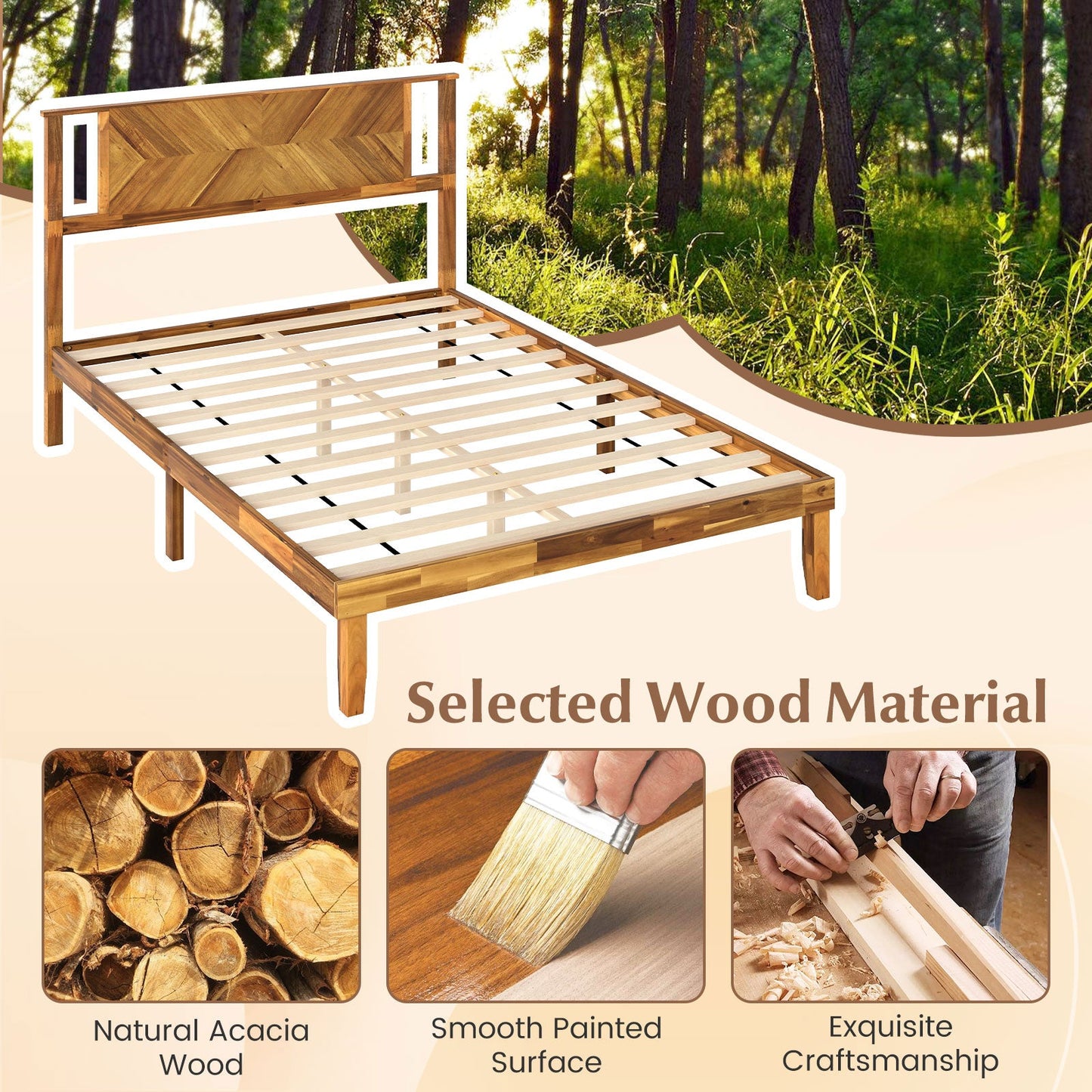 Twin/Full/Queen Size Bed Frame Mid-Century Acacia Wood Platform Bed with Headboard