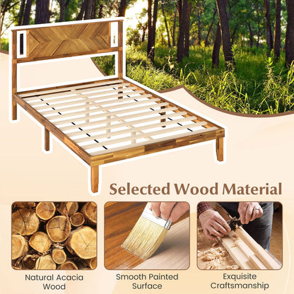 Twin/Full/Queen Size Bed Frame Mid-Century Acacia Wood Platform Bed with Headboard