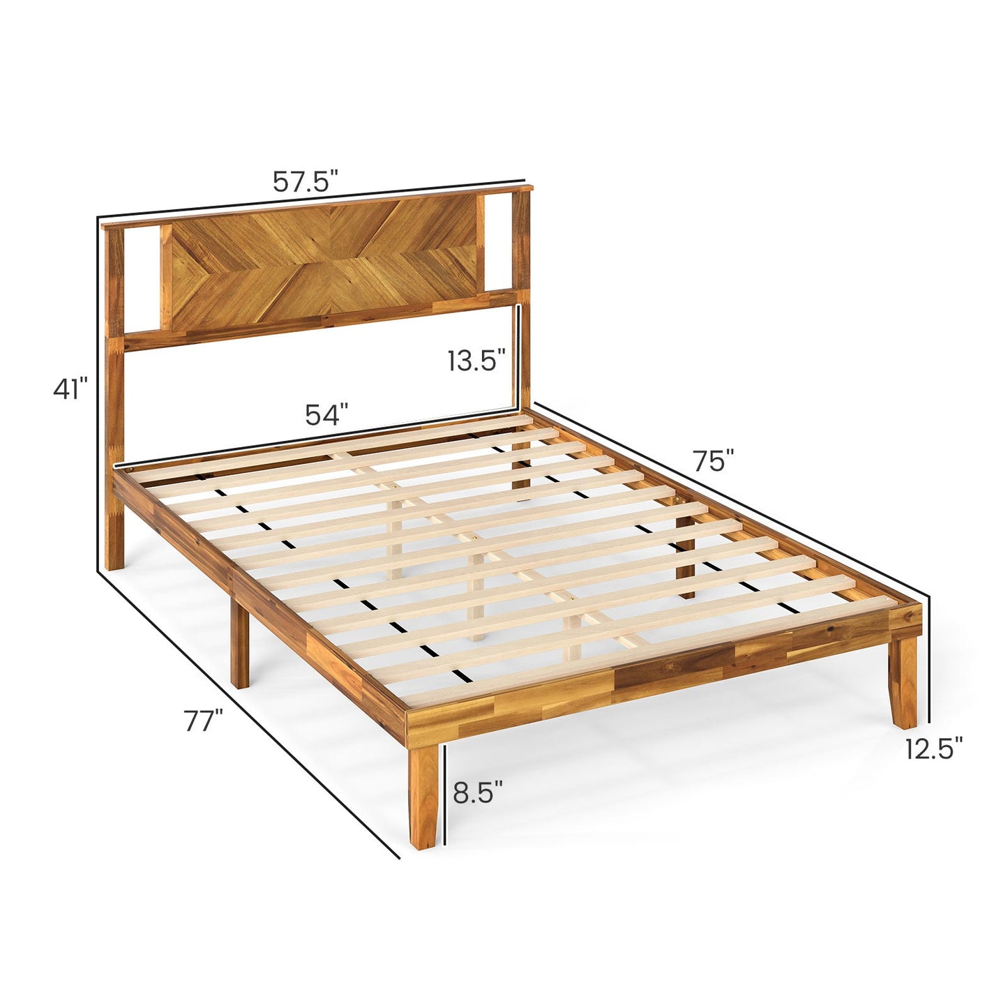 Twin/Full/Queen Size Bed Frame Mid-Century Acacia Wood Platform Bed with Headboard