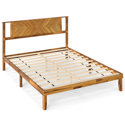Twin/Full/Queen Size Bed Frame Mid-Century Acacia Wood Platform Bed with Headboard