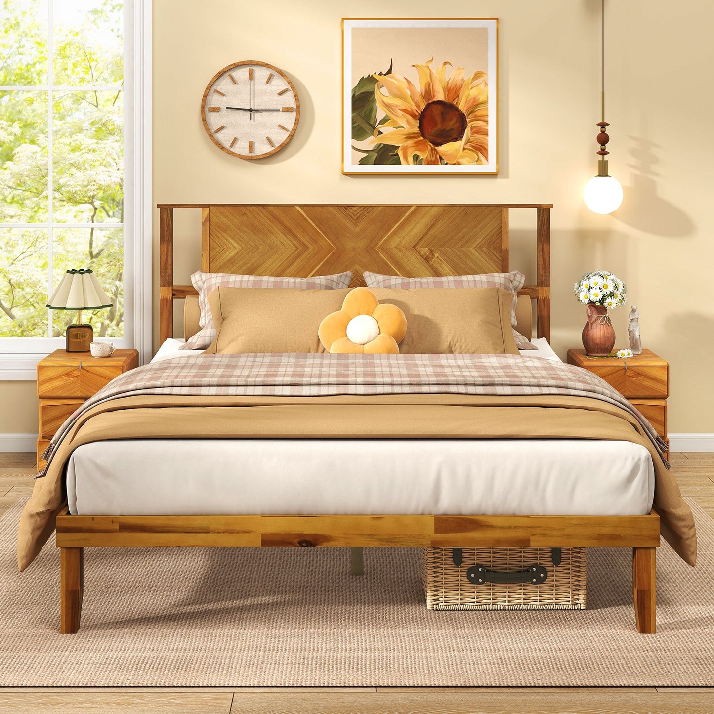 Twin/Full/Queen Size Bed Frame Mid-Century Acacia Wood Platform Bed with Headboard