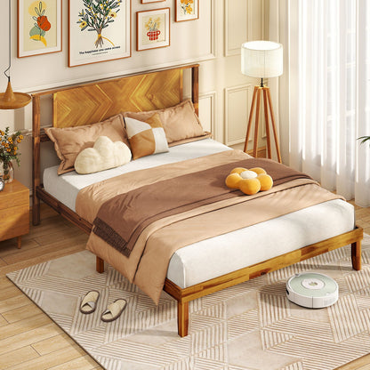 Twin/Full/Queen Size Bed Frame Mid-Century Acacia Wood Platform Bed with Headboard