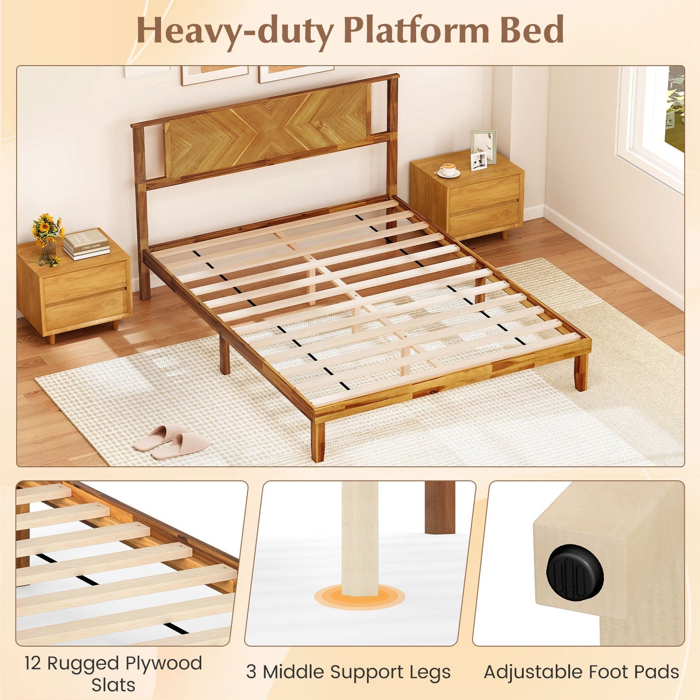 Twin/Full/Queen Size Bed Frame Mid-Century Acacia Wood Platform Bed with Headboard
