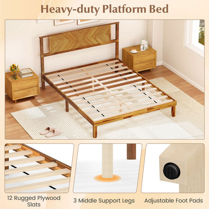 Twin/Full/Queen Size Bed Frame Mid-Century Acacia Wood Platform Bed with Headboard