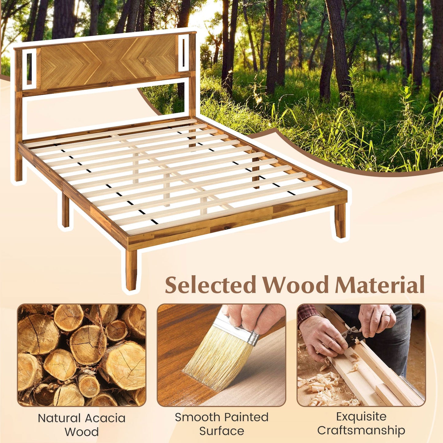 Twin/Full/Queen Size Bed Frame Mid-Century Acacia Wood Platform Bed with Headboard