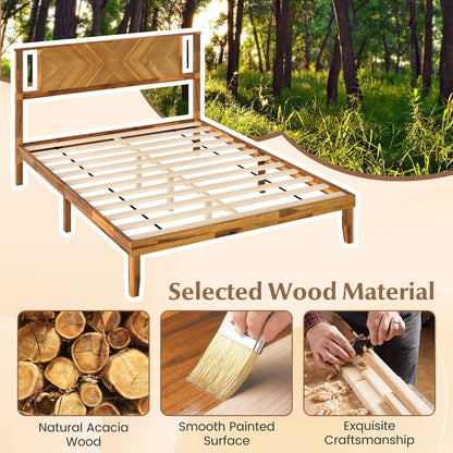 Twin/Full/Queen Size Bed Frame Mid-Century Acacia Wood Platform Bed with Headboard