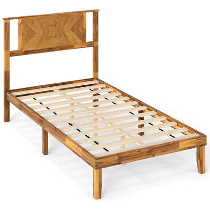 Twin/Full/Queen Size Bed Frame Mid-Century Acacia Wood Platform Bed with Headboard