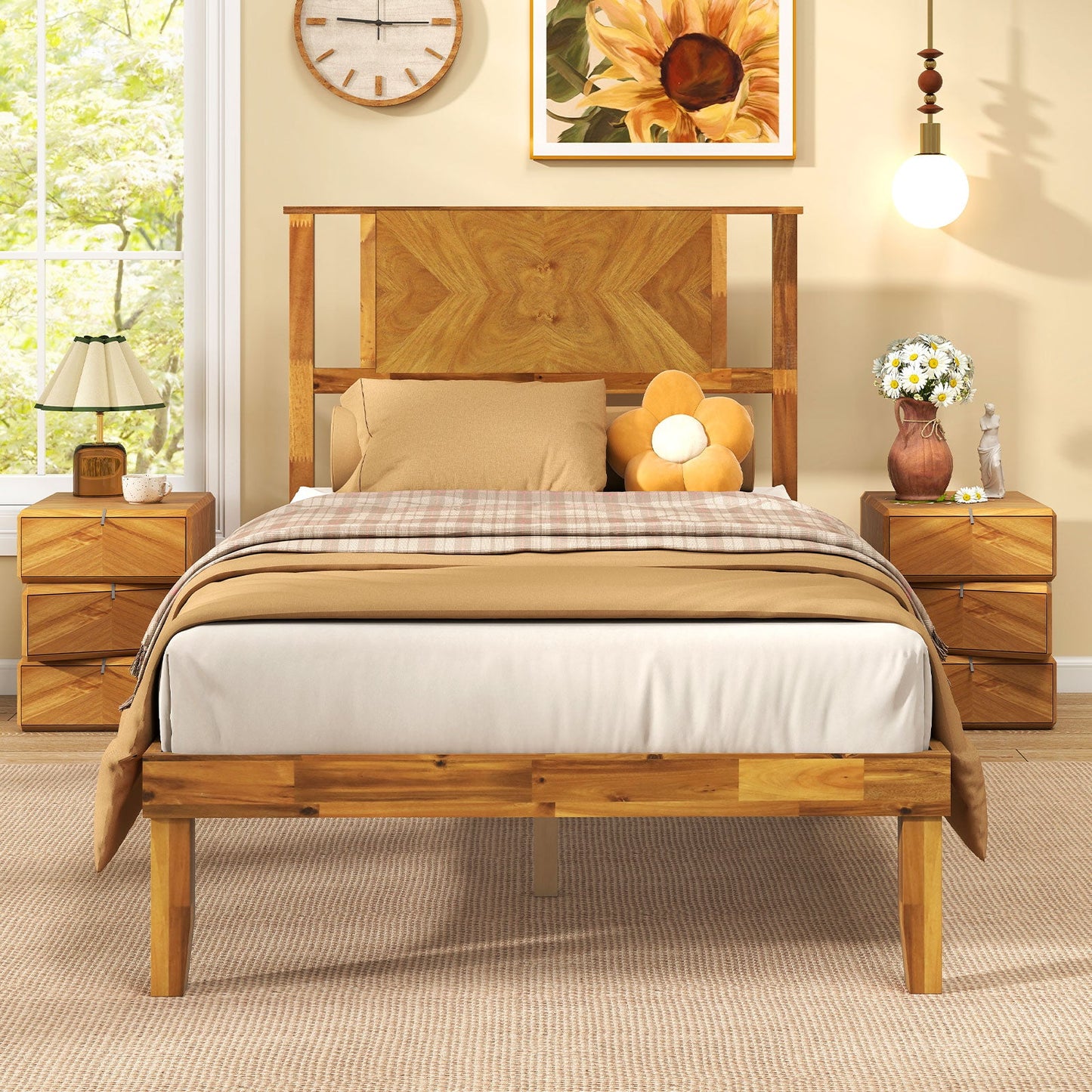 Twin/Full/Queen Size Bed Frame Mid-Century Acacia Wood Platform Bed with Headboard