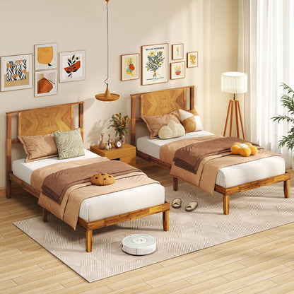 Twin/Full/Queen Size Bed Frame Mid-Century Acacia Wood Platform Bed with Headboard