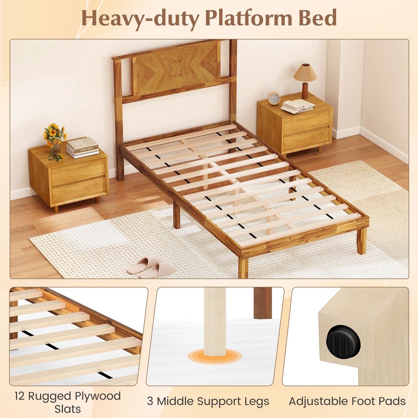 Twin/Full/Queen Size Bed Frame Mid-Century Acacia Wood Platform Bed with Headboard