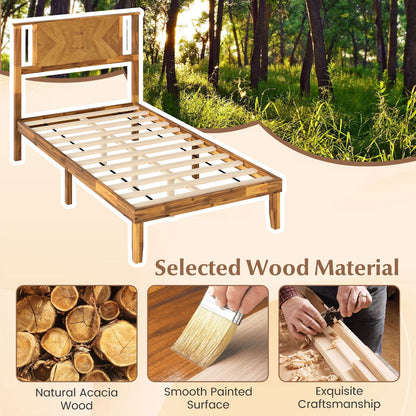 Twin/Full/Queen Size Bed Frame Mid-Century Acacia Wood Platform Bed with Headboard