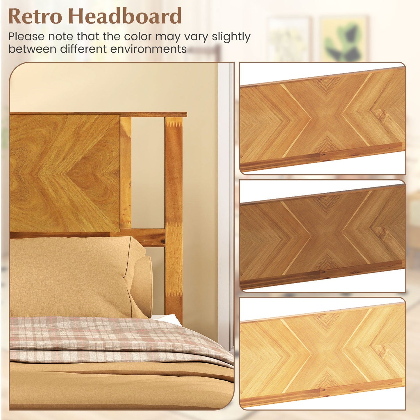 Twin/Full/Queen Size Bed Frame Mid-Century Acacia Wood Platform Bed with Headboard