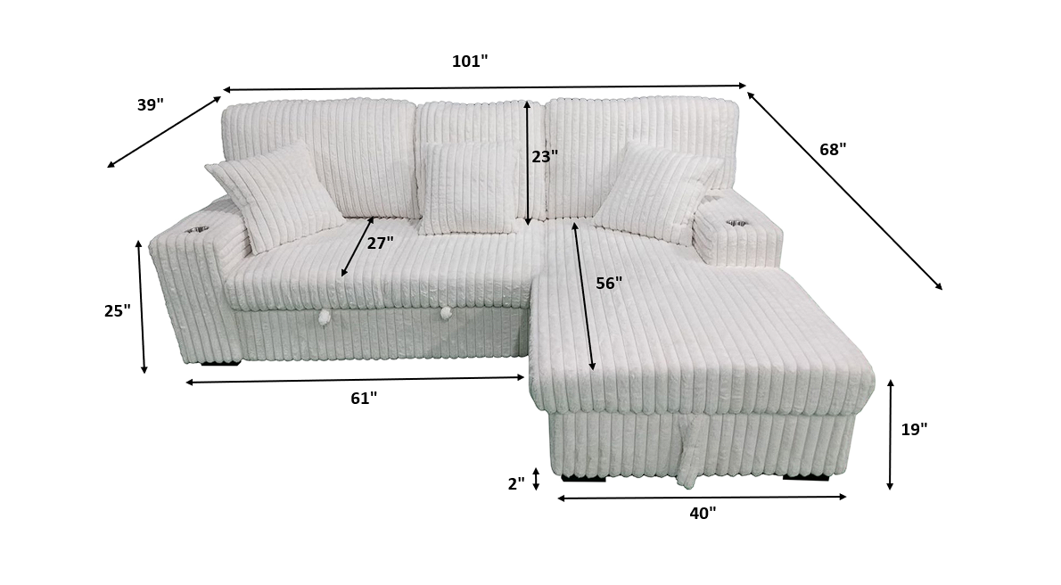 Venice Ivory Corduroy Storage Sleeper Sectional w/ Dual Cupholders & USB Ports