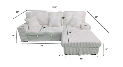Venice Ivory Corduroy Storage Sleeper Sectional w/ Dual Cupholders & USB Ports