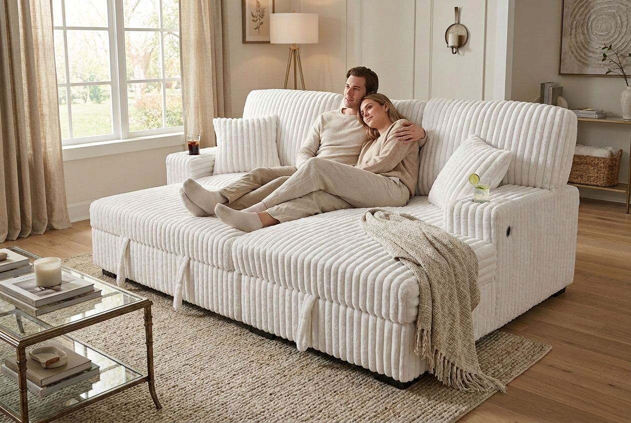 Venice Ivory Corduroy Storage Sleeper Sectional w/ Dual Cupholders & USB Ports