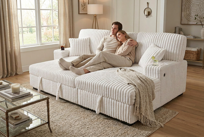 Venice Ivory Corduroy Storage Sleeper Sectional w/ Dual Cupholders & USB Ports