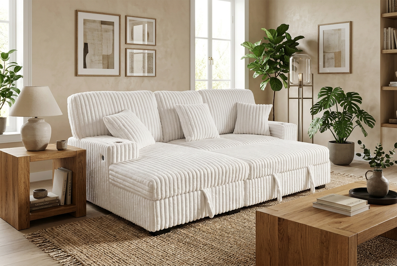 Venice Ivory Corduroy Storage Sleeper Sectional w/ Dual Cupholders & USB Ports