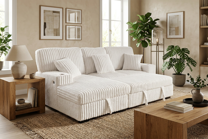 Venice Ivory Corduroy Storage Sleeper Sectional w/ Dual Cupholders & USB Ports