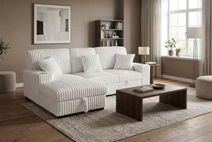 Venice Ivory Corduroy Storage Sleeper Sectional w/ Dual Cupholders & USB Ports