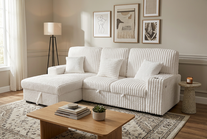 Venice Ivory Corduroy Storage Sleeper Sectional w/ Dual Cupholders & USB Ports