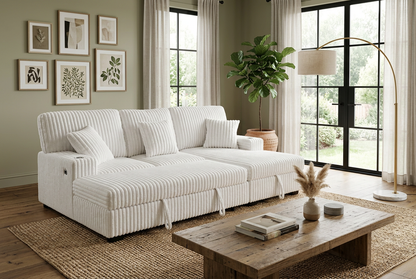 Venice Ivory Corduroy Storage Sleeper Sectional w/ Dual Cupholders & USB Ports