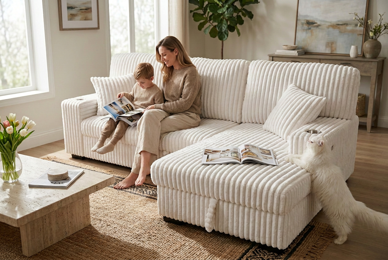 Venice Ivory Corduroy Storage Sleeper Sectional w/ Dual Cupholders & USB Ports