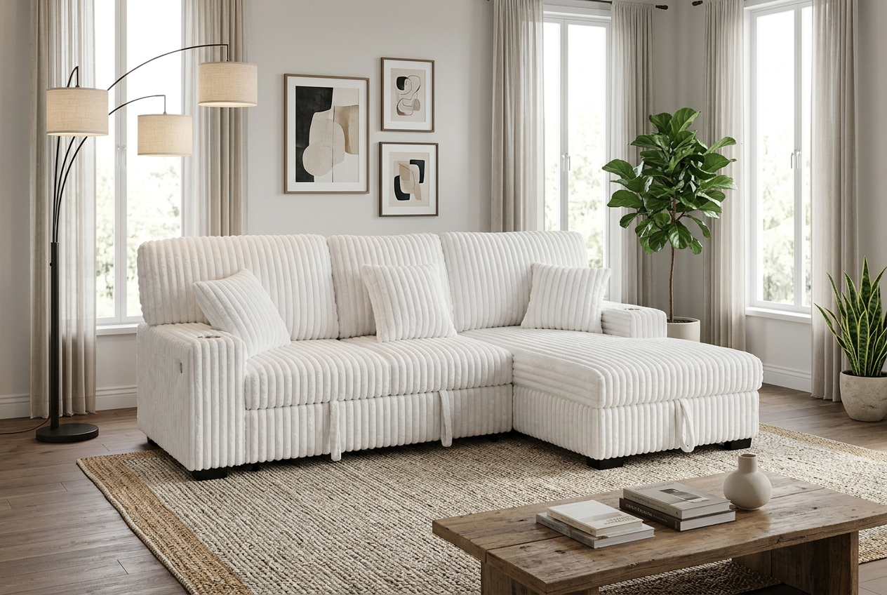 Venice Ivory Corduroy Storage Sleeper Sectional w/ Dual Cupholders & USB Ports