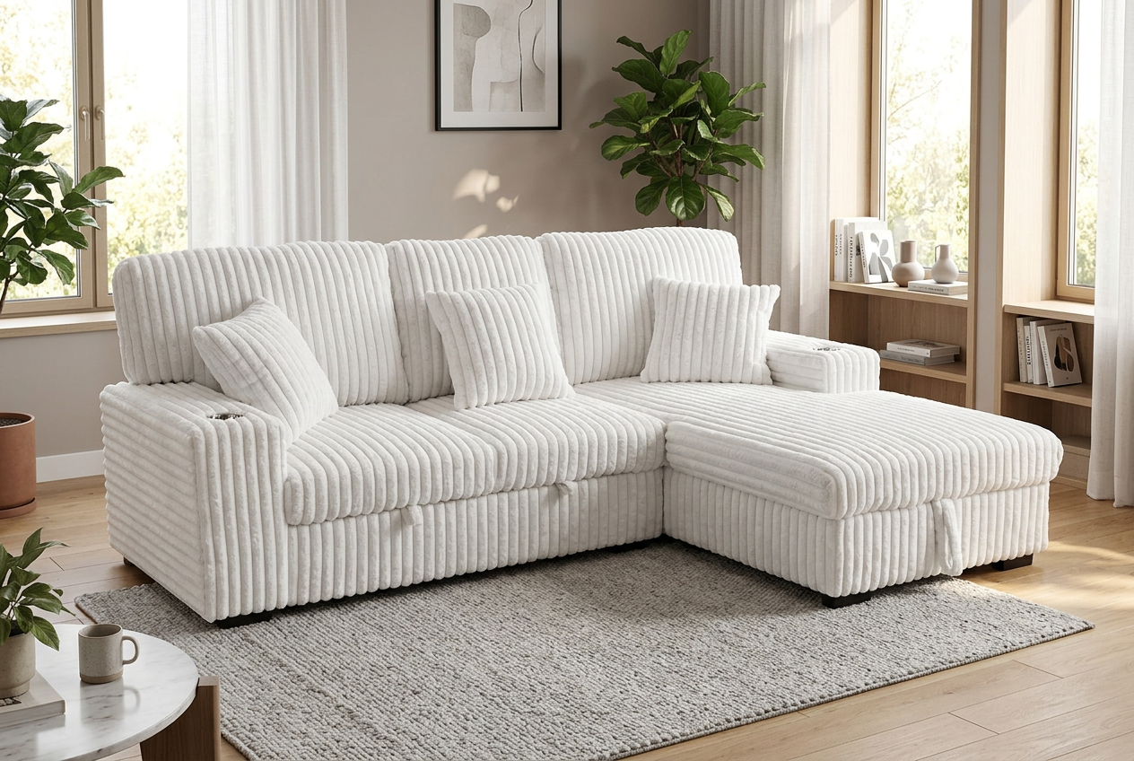 Venice Ivory Corduroy Storage Sleeper Sectional w/ Dual Cupholders & USB Ports