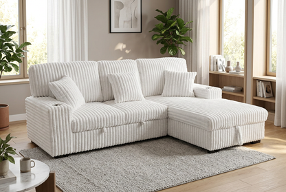 Venice Ivory Corduroy Storage Sleeper Sectional w/ Dual Cupholders & USB Ports