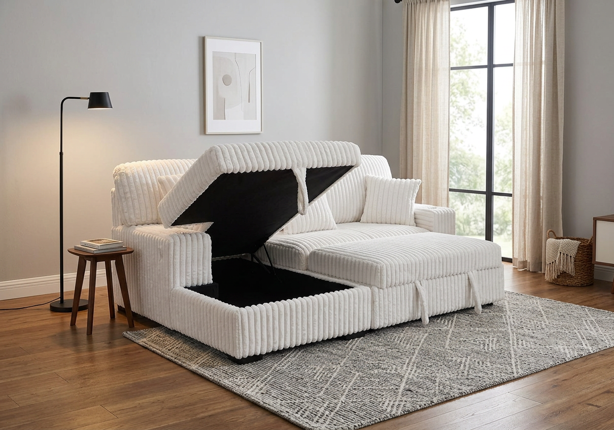 Venice Ivory Corduroy Storage Sleeper Sectional w/ Dual Cupholders & USB Ports