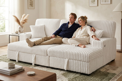 Venice Ivory Corduroy Storage Sleeper Sectional w/ Dual Cupholders & USB Ports