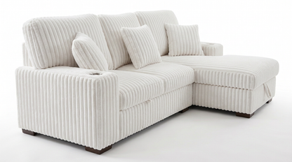 Venice Ivory Corduroy Storage Sleeper Sectional w/ Dual Cupholders & USB Ports