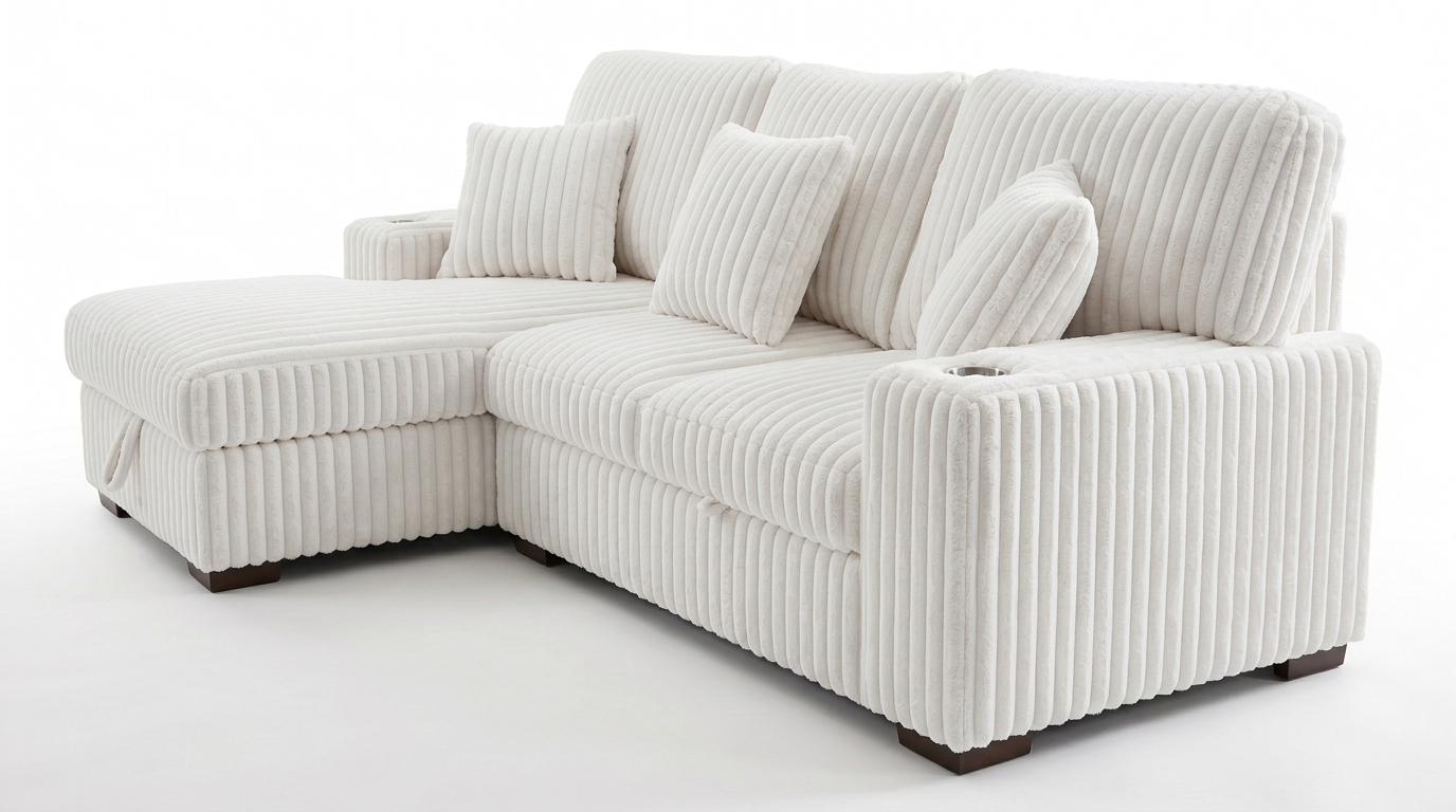 Venice Ivory Corduroy Storage Sleeper Sectional w/ Dual Cupholders & USB Ports