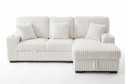 Venice Ivory Corduroy Storage Sleeper Sectional w/ Dual Cupholders & USB Ports