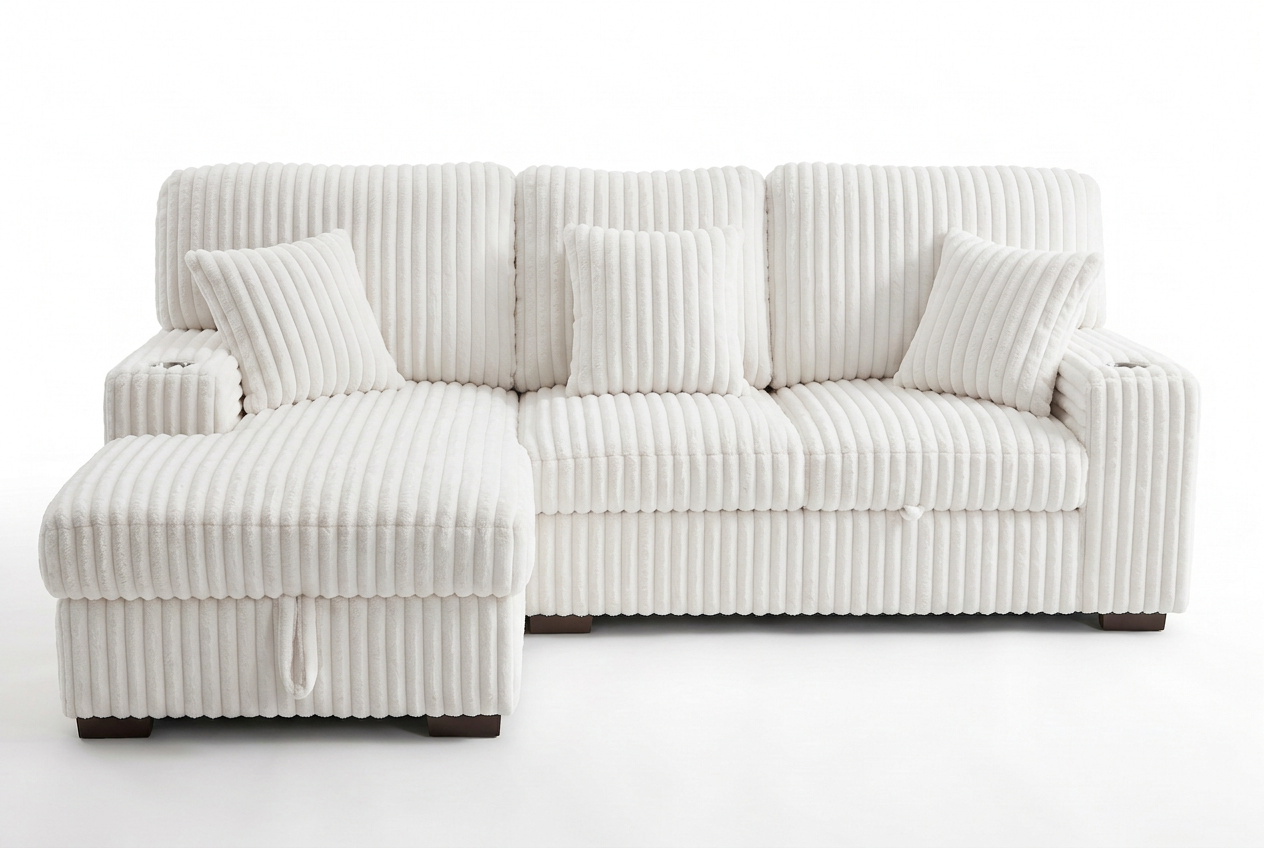 Venice Ivory Corduroy Storage Sleeper Sectional w/ Dual Cupholders & USB Ports