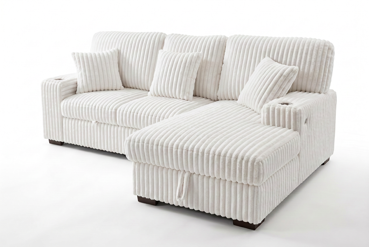 Venice Ivory Corduroy Storage Sleeper Sectional w/ Dual Cupholders & USB Ports