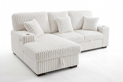 Venice Ivory Corduroy Storage Sleeper Sectional w/ Dual Cupholders & USB Ports