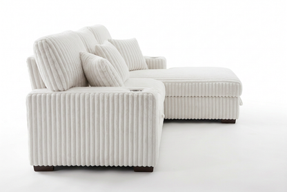 Venice Ivory Corduroy Storage Sleeper Sectional w/ Dual Cupholders & USB Ports