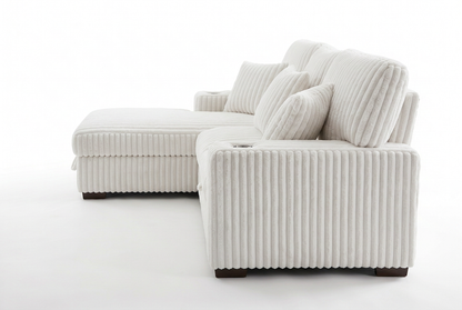 Venice Ivory Corduroy Storage Sleeper Sectional w/ Dual Cupholders & USB Ports