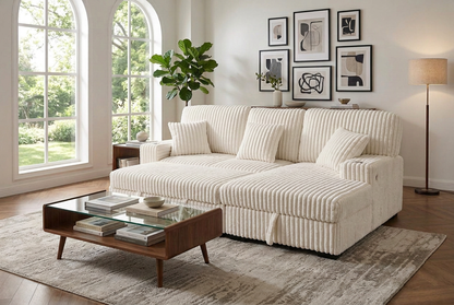 Venice Ivory Corduroy Storage Sleeper Sectional w/ Dual Cupholders & USB Ports