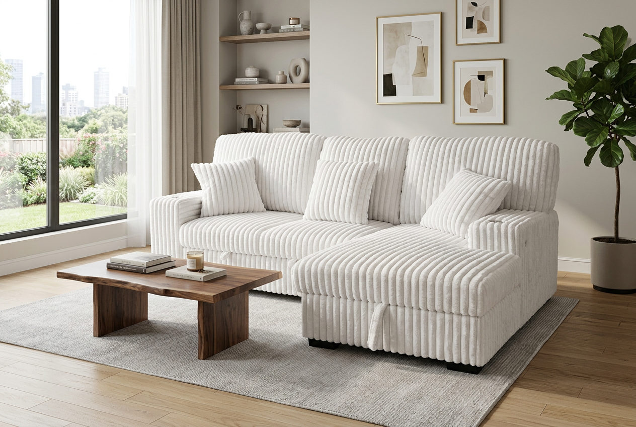 Venice Ivory Corduroy Storage Sleeper Sectional w/ Dual Cupholders & USB Ports