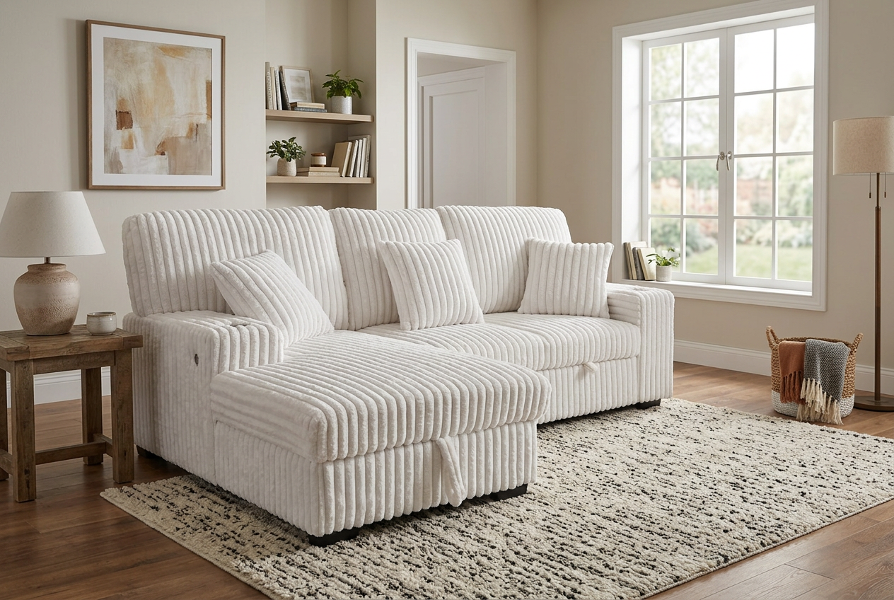 Venice Ivory Corduroy Storage Sleeper Sectional w/ Dual Cupholders & USB Ports