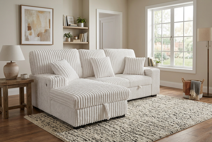 Venice Ivory Corduroy Storage Sleeper Sectional w/ Dual Cupholders & USB Ports