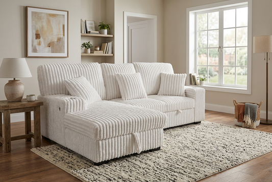 Venice Ivory Corduroy Storage Sleeper Sectional w/ Dual Cupholders & USB Ports