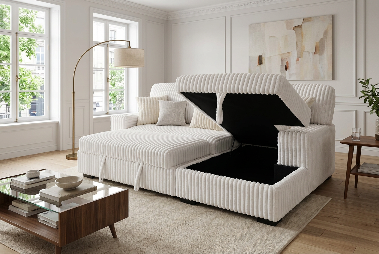 Venice Ivory Corduroy Storage Sleeper Sectional w/ Dual Cupholders & USB Ports