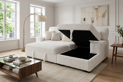 Venice Ivory Corduroy Storage Sleeper Sectional w/ Dual Cupholders & USB Ports